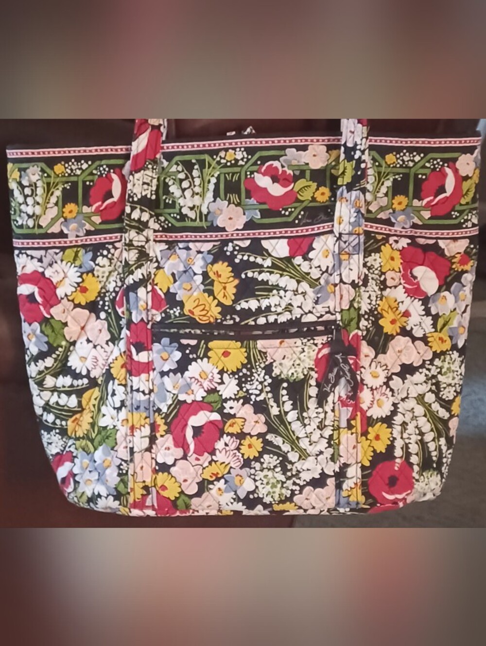 Vera Bradley Floral Quilted Tote Bag in Black, Red & Yellow